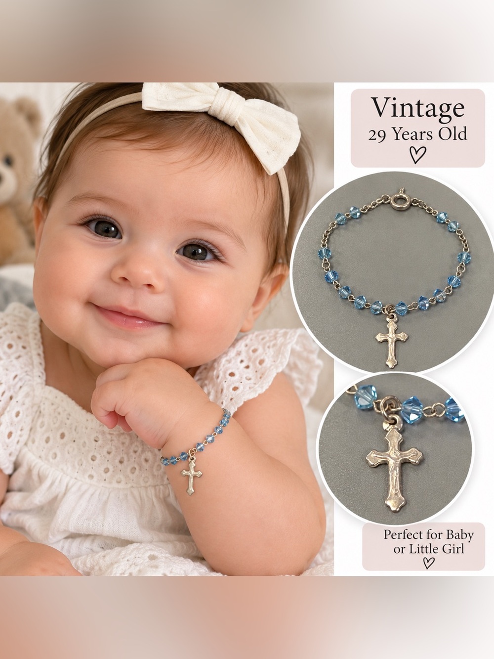 Vintage 1990s Blue Crystal Beaded Cross Charm Bracelet Silver Tone 29 Years Old